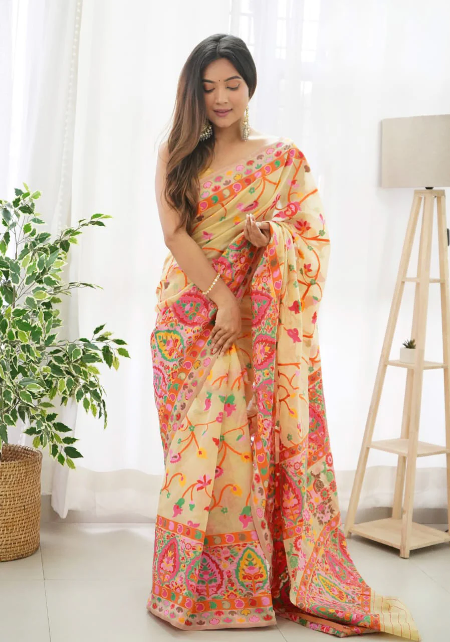 Classy Beige Pashmina saree With Gleaming Blouse Piece - Image 4