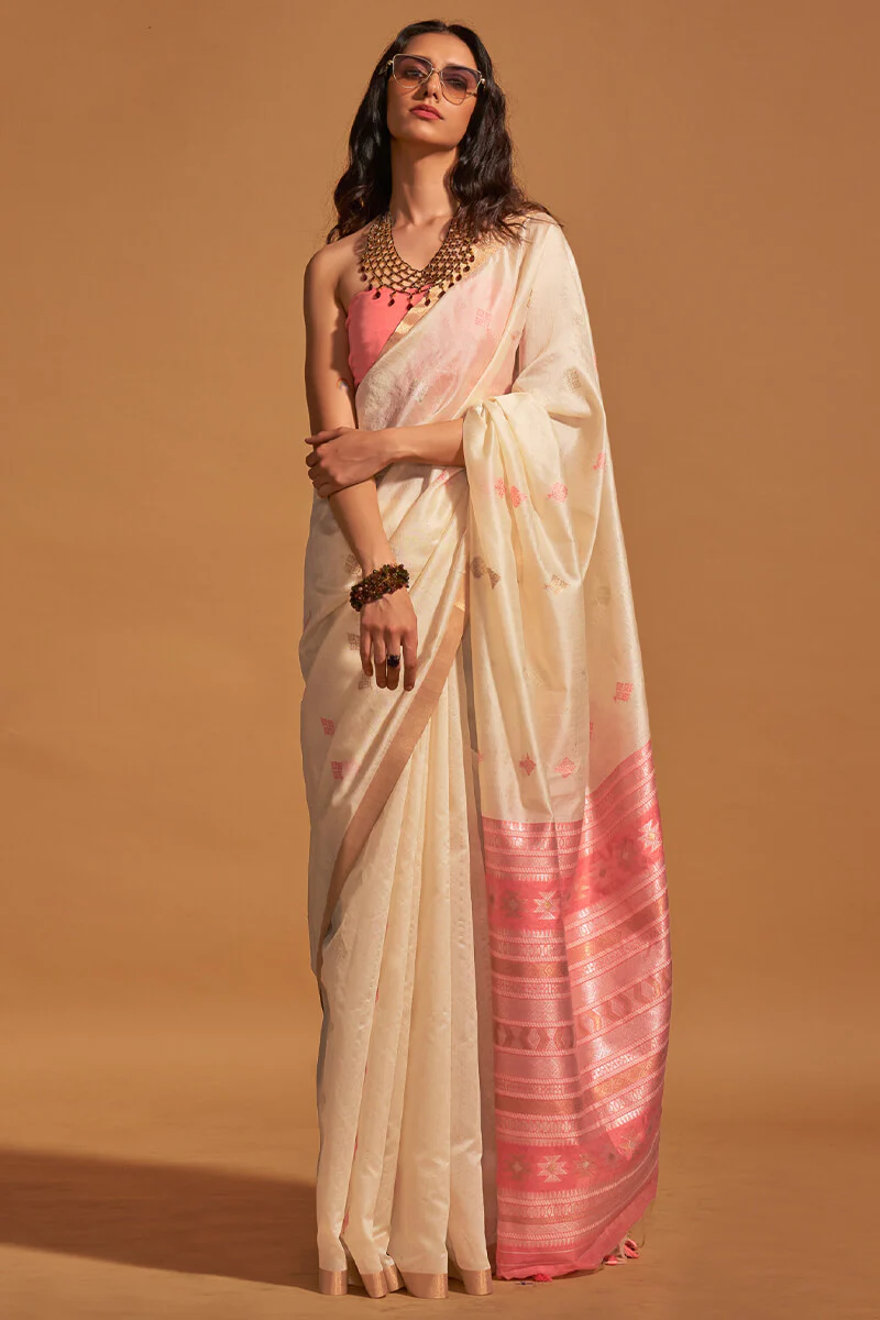 Classy Beige Soft Banarasi Silk Saree With Outstanding Blouse Piece