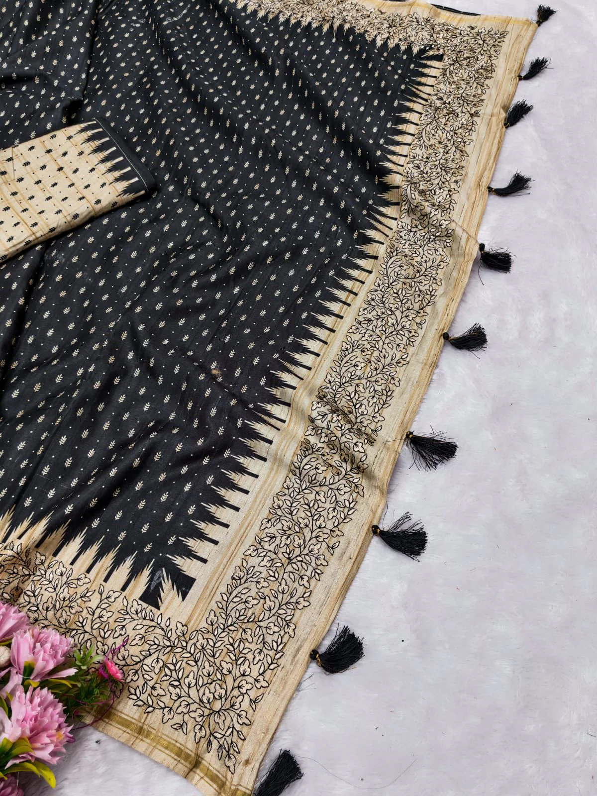 Classy Black Embroidery Work Tussar Silk Saree With Brood Blouse Piece - Image 2