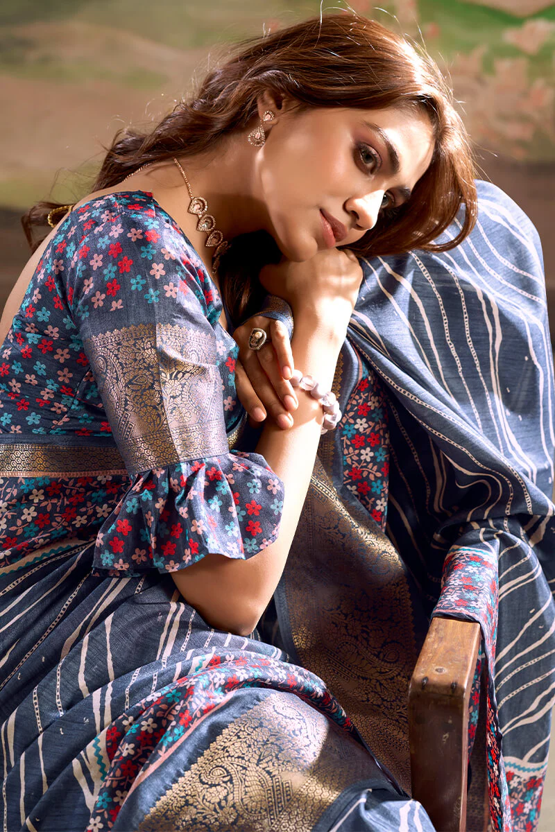 Classy Blue Digital Printed Dola Silk Saree With Fancifull Blouse Piece - Image 2