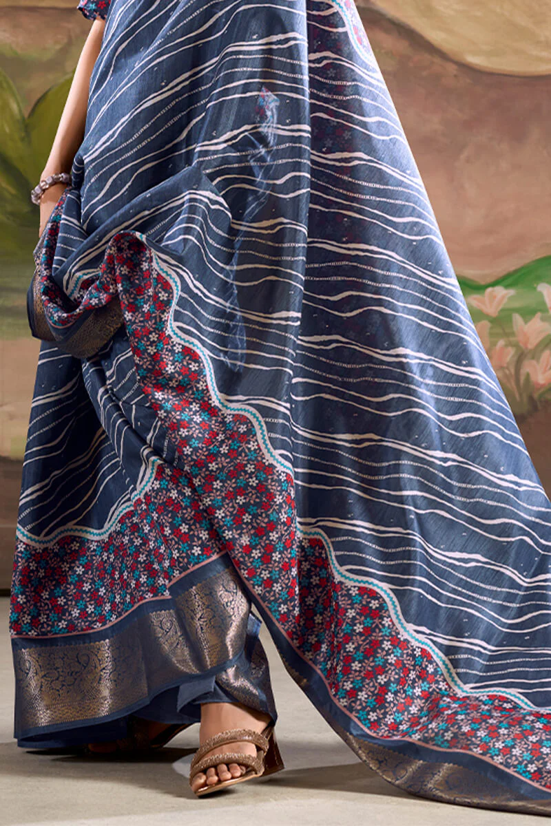 Classy Blue Digital Printed Dola Silk Saree With Fancifull Blouse Piece - Image 4