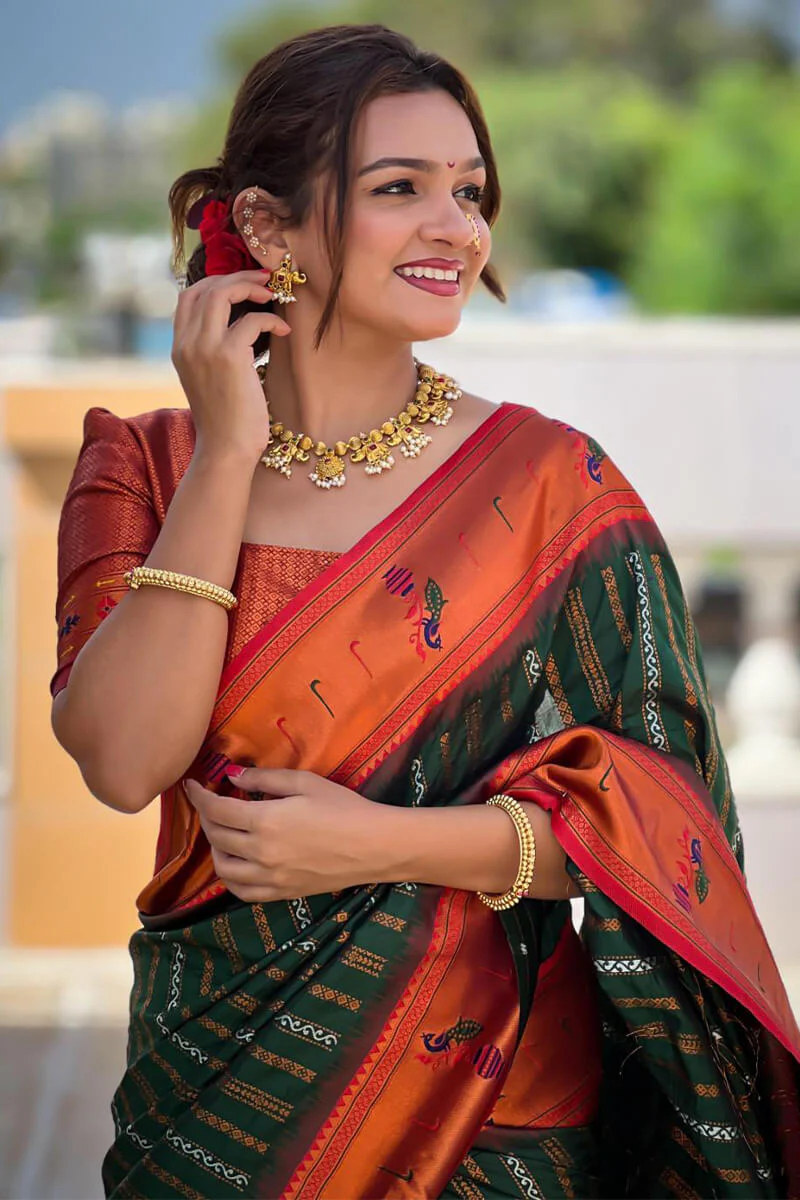 Classy Dark Green Paithani Silk Saree With Adorning Blouse Piece - Image 3