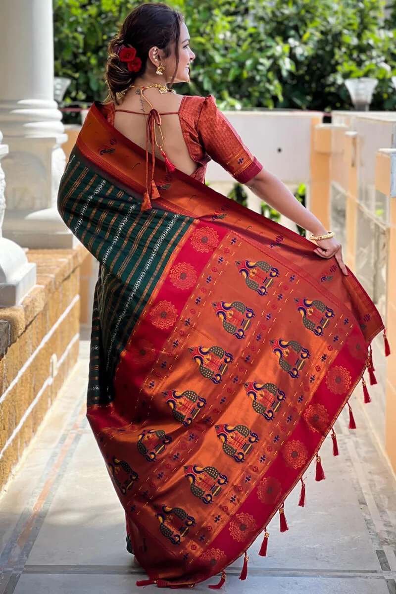 Classy Dark Green Paithani Silk Saree With Adorning Blouse Piece - Image 4