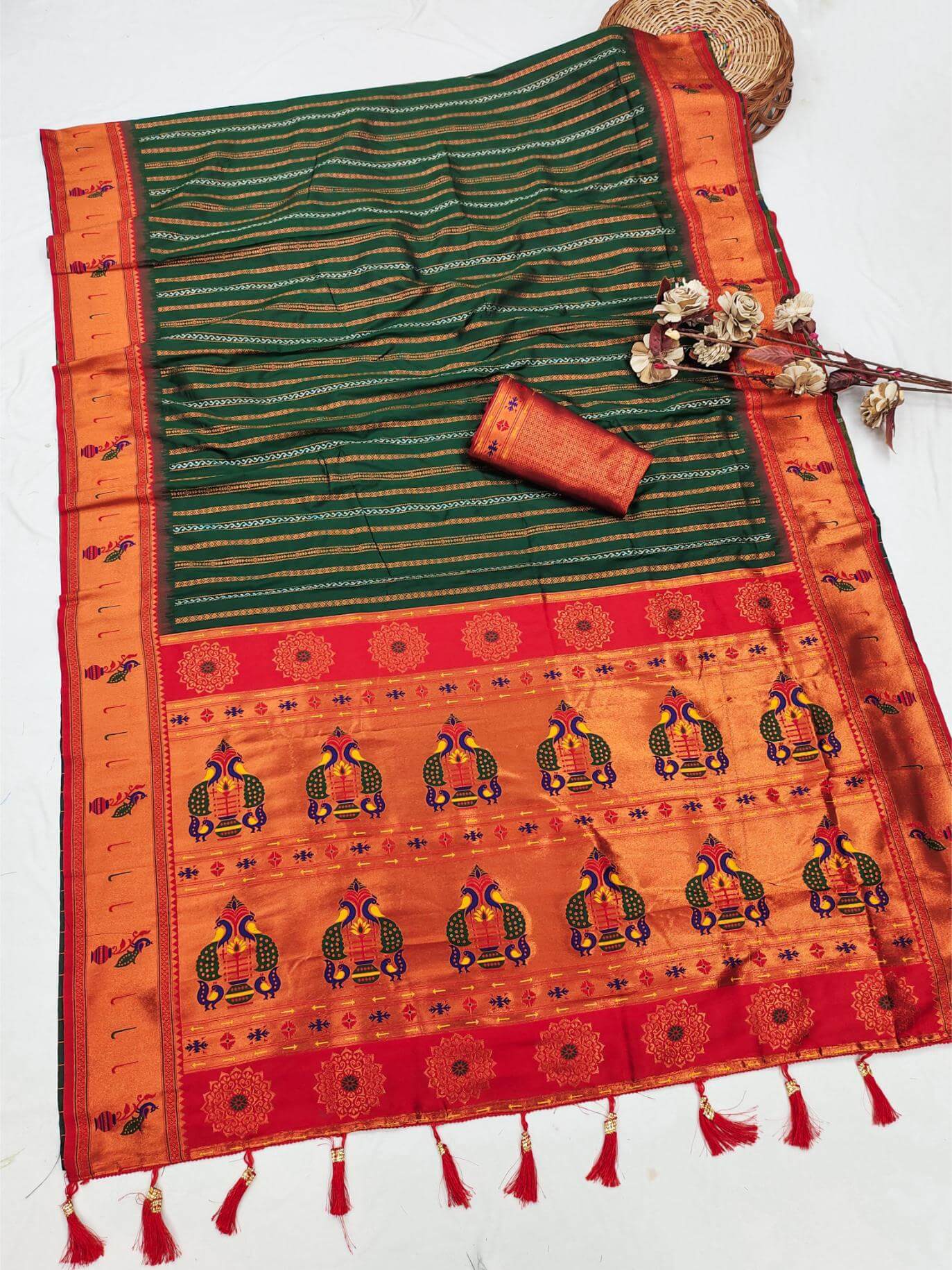 Classy Dark Green Paithani Silk Saree With Adorning Blouse Piece - Image 5