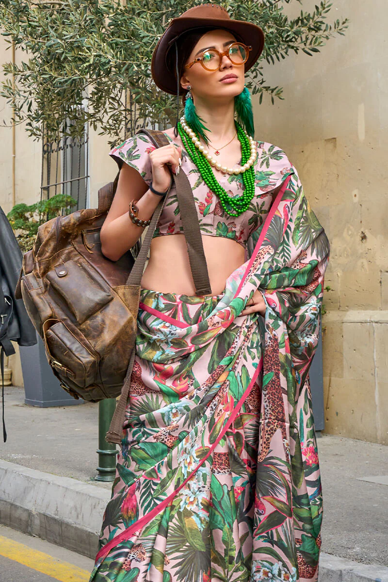 Classy Green Digital Printed Satin Silk Saree With Mesmerising Blouse Piece - Image 2