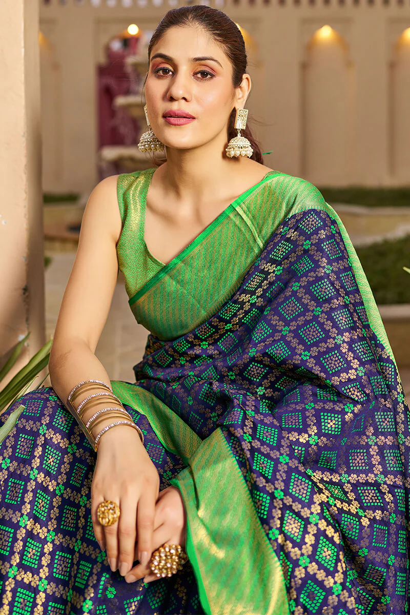 Classy Navy Blue Patola Silk Saree with Marvellous Blouse Piece - Image 2