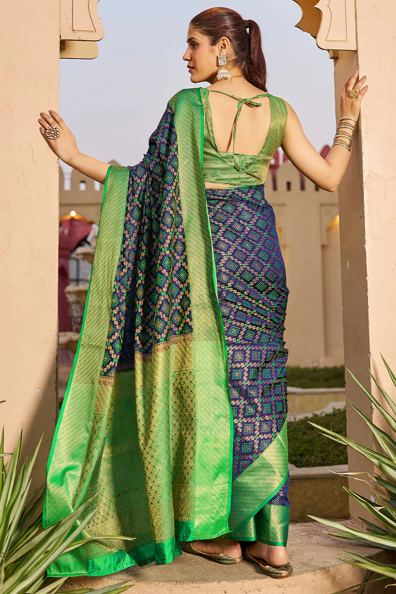 Classy Navy Blue Patola Silk Saree with Marvellous Blouse Piece - Image 3