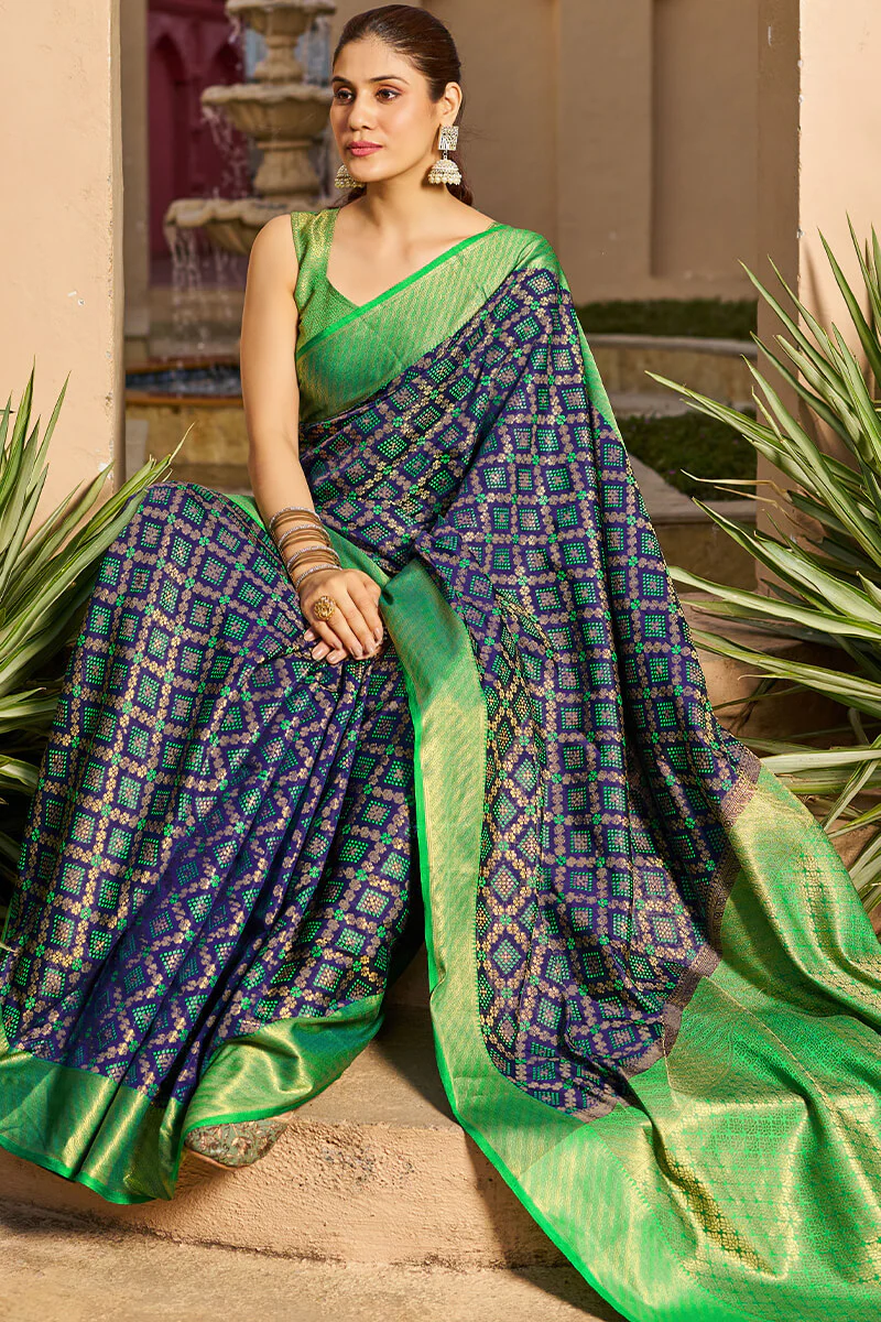 Classy Navy Blue Patola Silk Saree with Marvellous Blouse Piece - Image 4