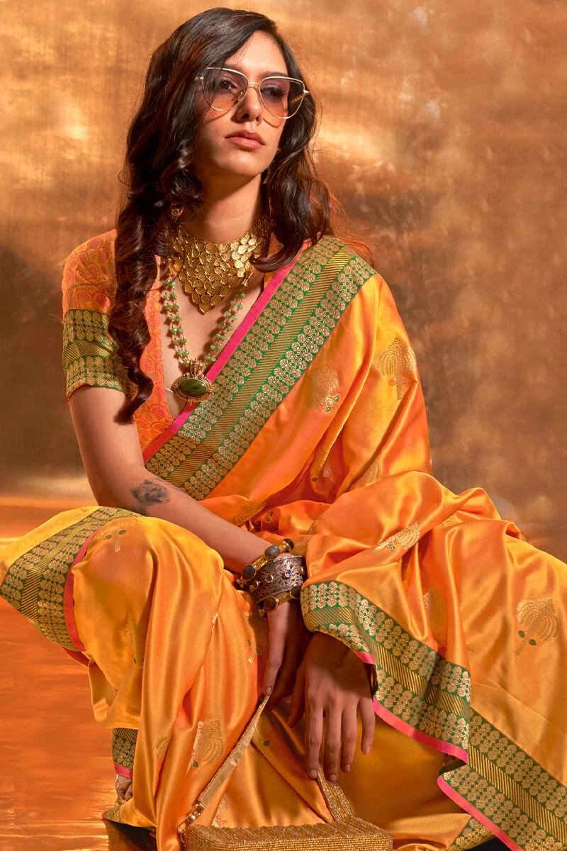 Classy Orange Soft Banarasi Silk Saree With Pretty Blouse - Image 2