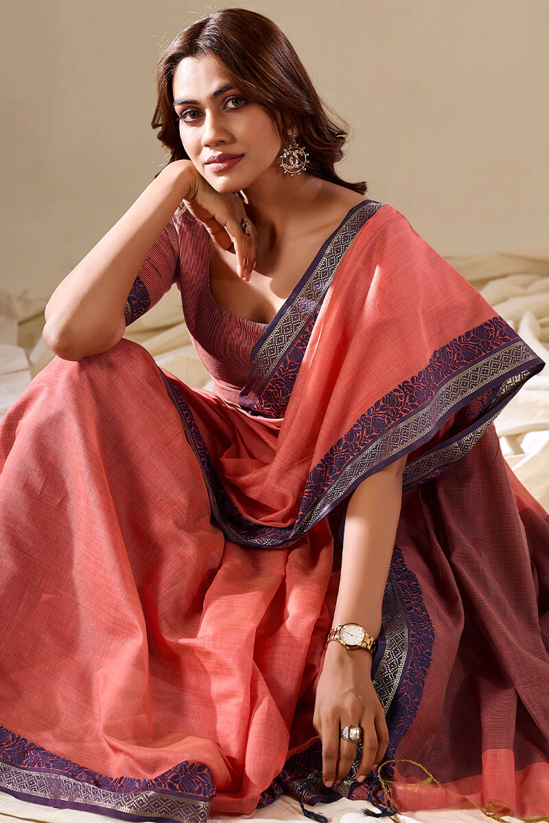 Classy Peach Cotton Silk Saree With Pretty Blouse Piece - Image 2