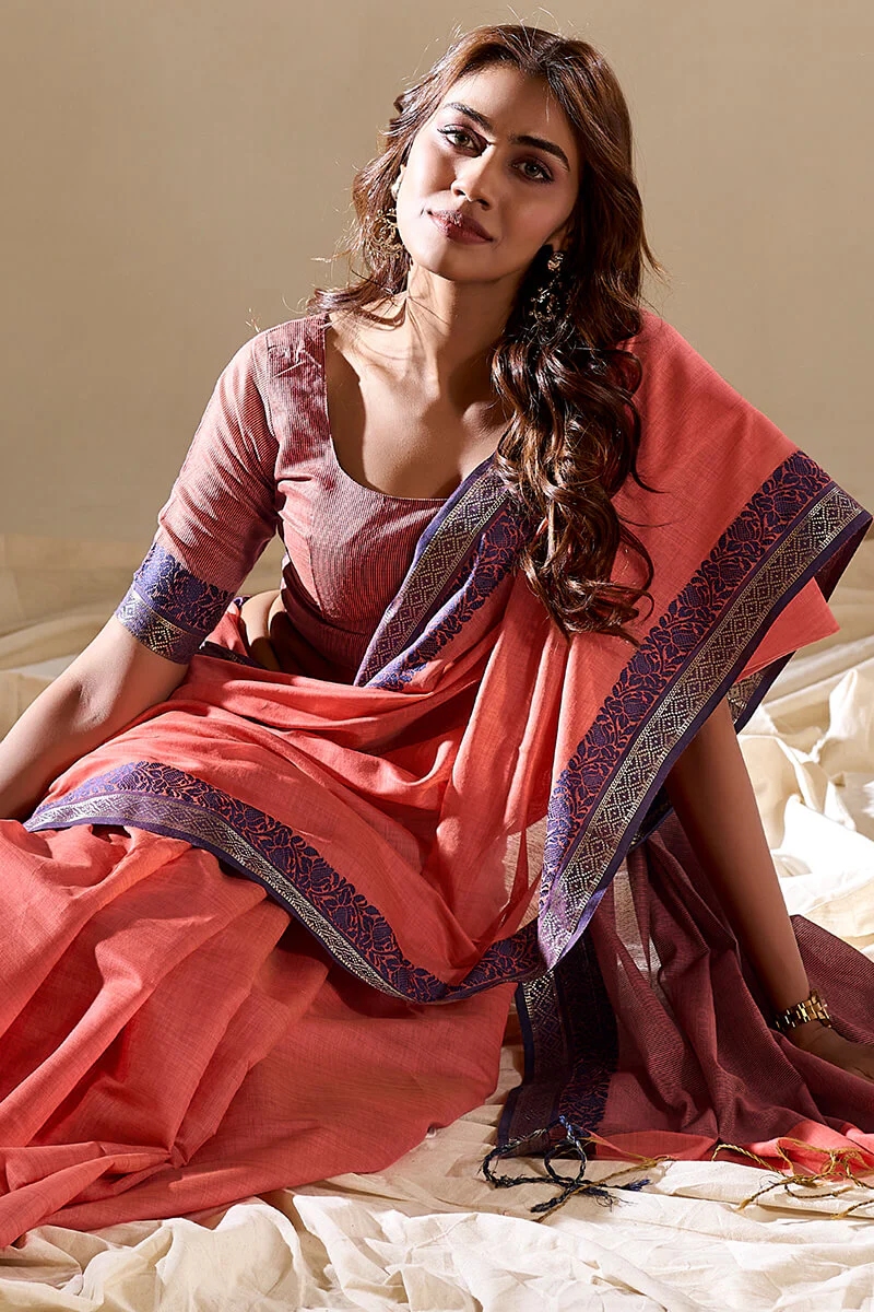 Classy Peach Cotton Silk Saree With Pretty Blouse Piece - Image 3