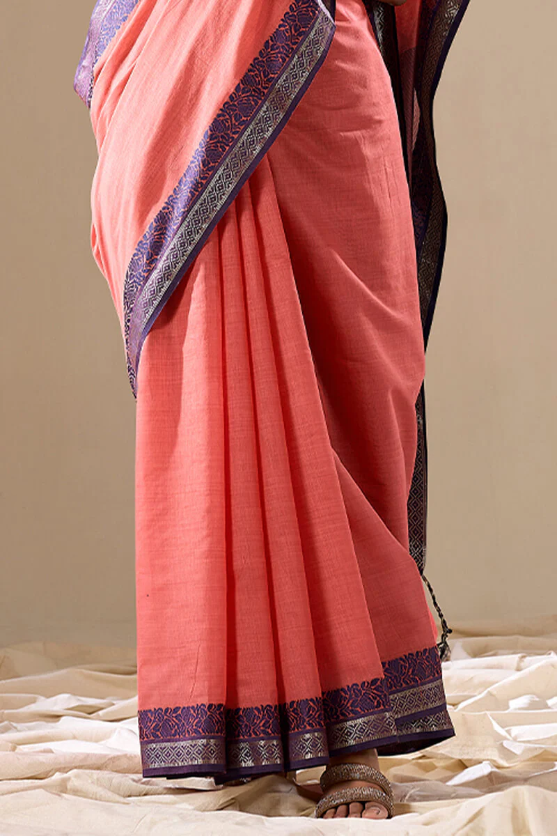 Classy Peach Cotton Silk Saree With Pretty Blouse Piece - Image 4
