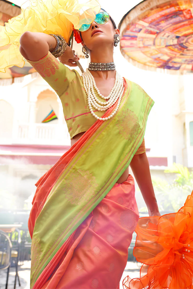 Classy Peach Soft Banarasi Silk Saree With Deserving Blouse Piece - Image 2