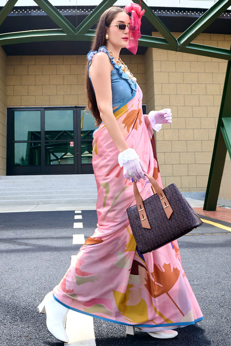 Classy Pink Digital Printed Satin Silk Saree With Skinny Blouse Piece - Image 3