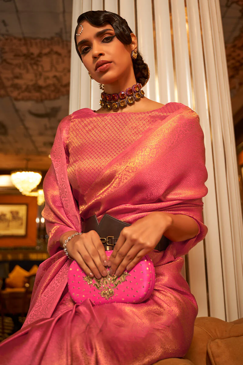 Classy Pink Kanjivaram Silk Saree With Capricious Blouse Piece - Image 2