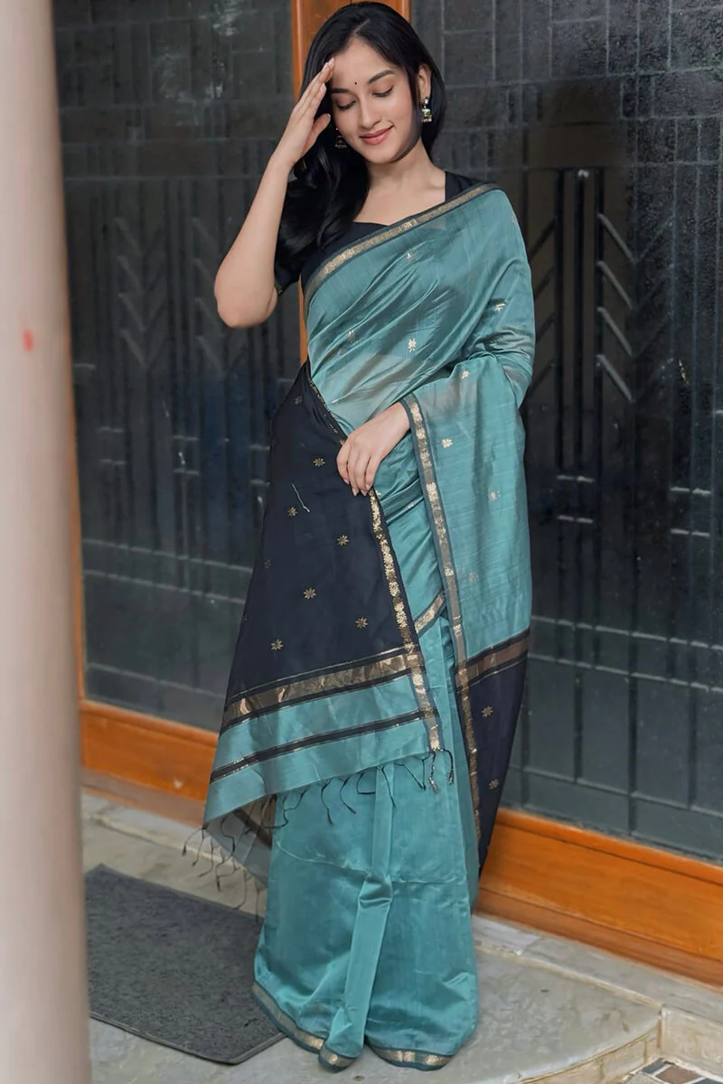 Classy Sea Green Cotton Silk Saree With Gratifying  Blouse Piece - Image 5