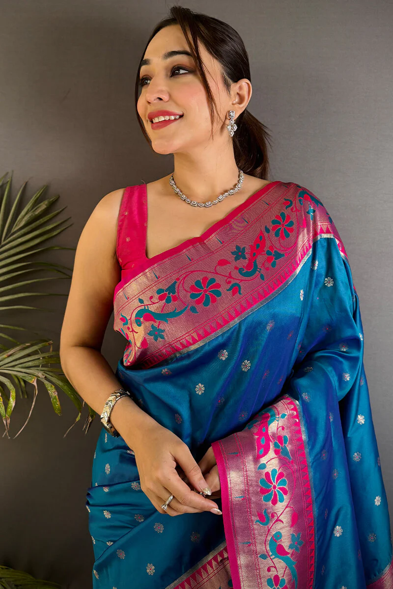 Comely Blue Paithani Silk Saree With Enigmatic Blouse Piece - Image 2