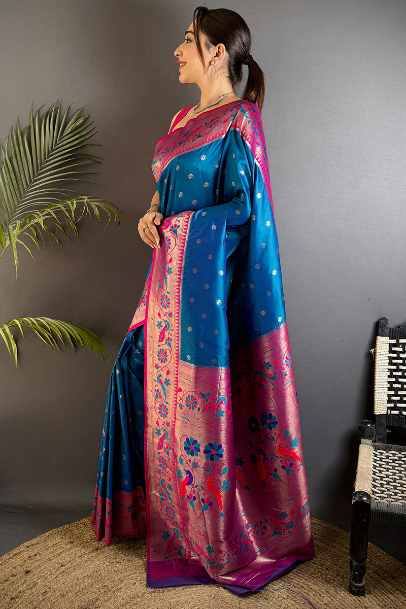 Comely Blue Paithani Silk Saree With Enigmatic Blouse Piece - Image 3