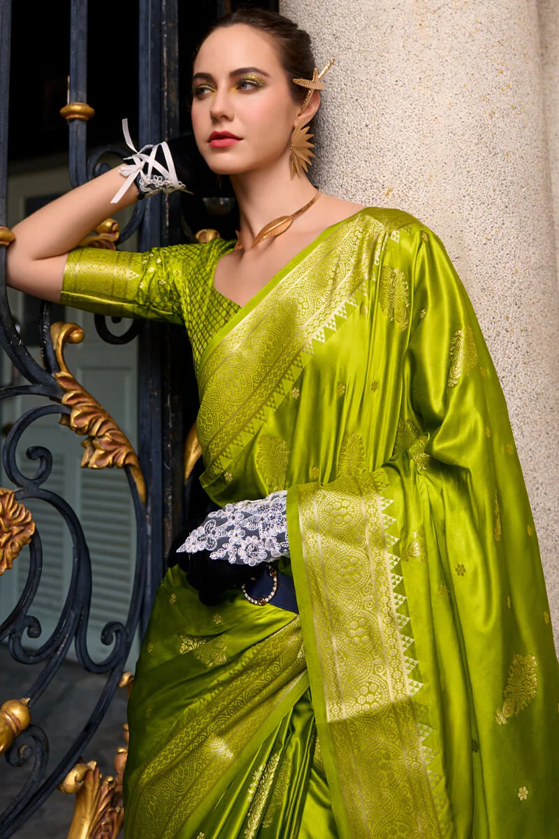 Comely Green Banarasi Satin Silk Saree With Enticing Blouse - Image 2