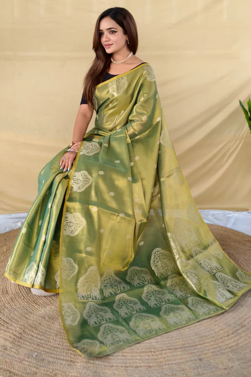 Comely Green Banarasi Tissue Silk Saree With Exceptional Blouse Piece - Image 2