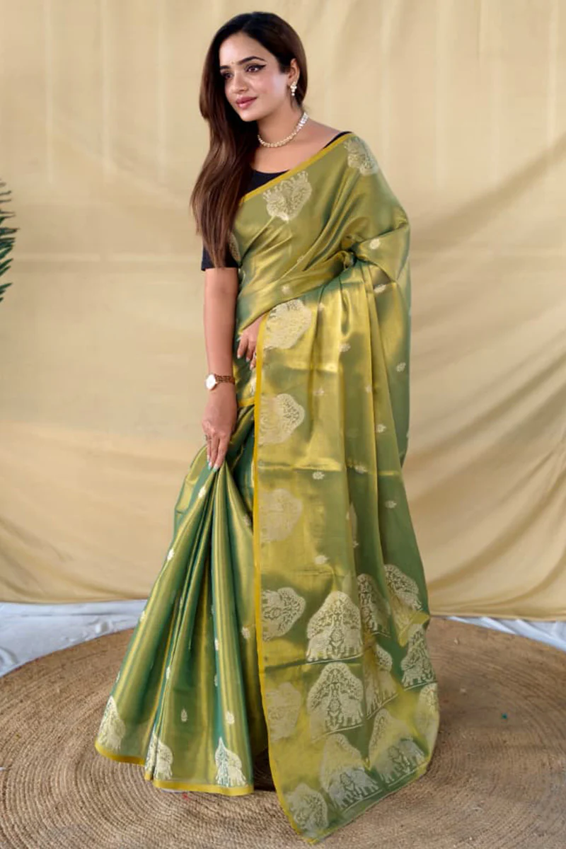 Comely Green Banarasi Tissue Silk Saree With Exceptional Blouse Piece - Image 3