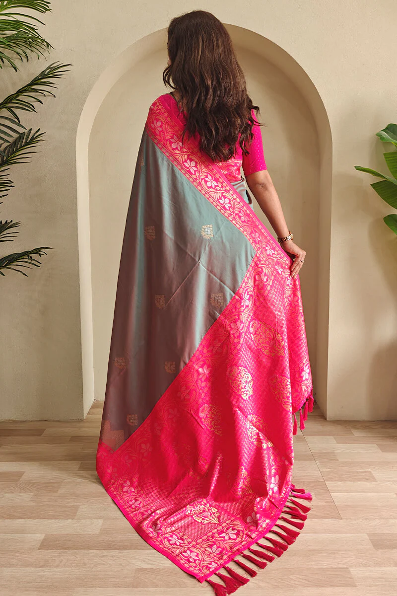 Comely Grey Soft Banarasi Silk Saree With Cynosure Blouse Piece - Image 3