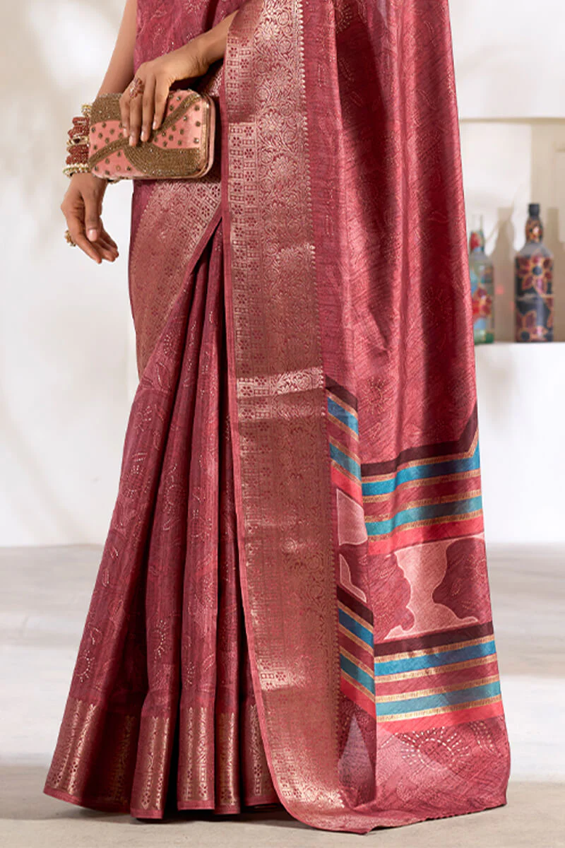 Comely Maroon Digital Printed Dola Silk Saree With Arresting Blouse Piece - Image 5