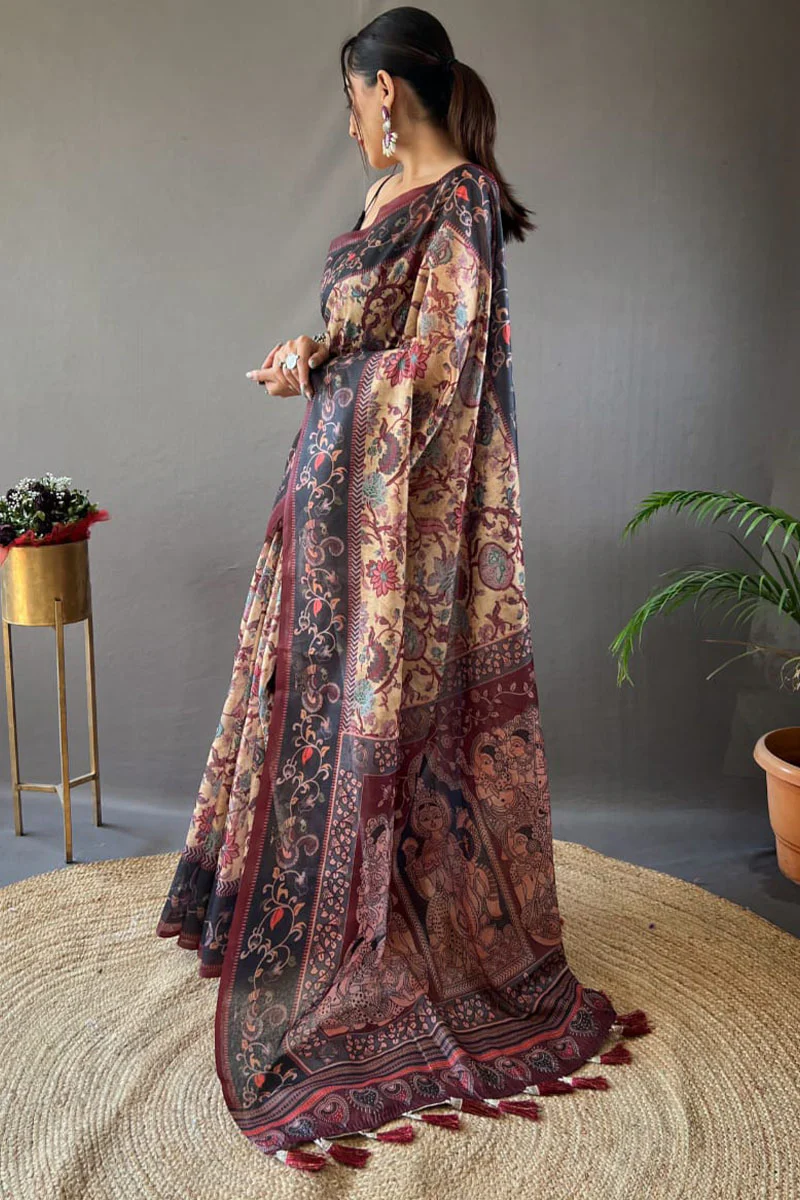 Comely Peach Digital Printed Cotton Silk Saree With Exquisite Blouse Piece - Image 3