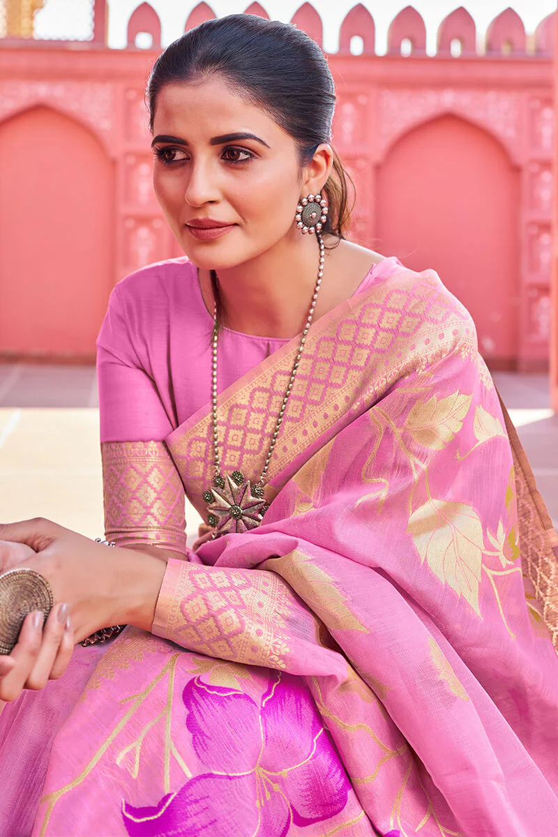 Comely Pink Cotton Silk Saree With Dalliance Blouse Piece - Image 2