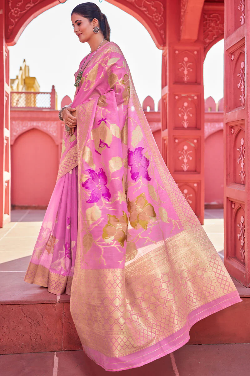 Comely Pink Cotton Silk Saree With Dalliance Blouse Piece - Image 3