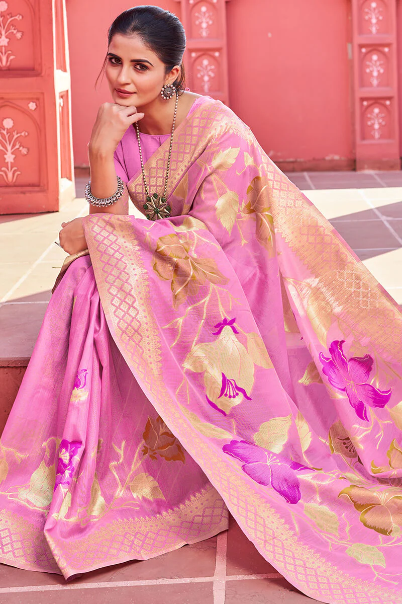 Comely Pink Cotton Silk Saree With Dalliance Blouse Piece - Image 4