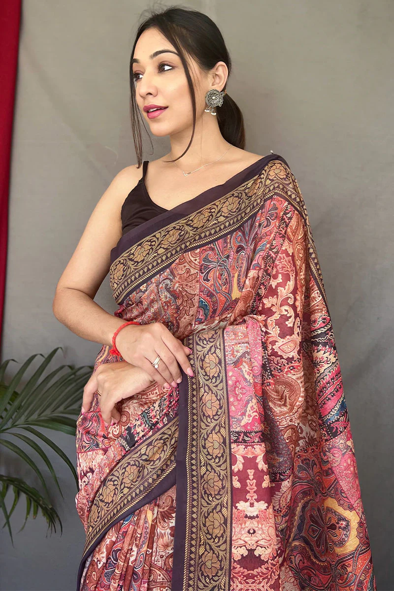 Comely Pink Digital Printed Cotton Silk Saree With Conflate Blouse Piece - Image 2