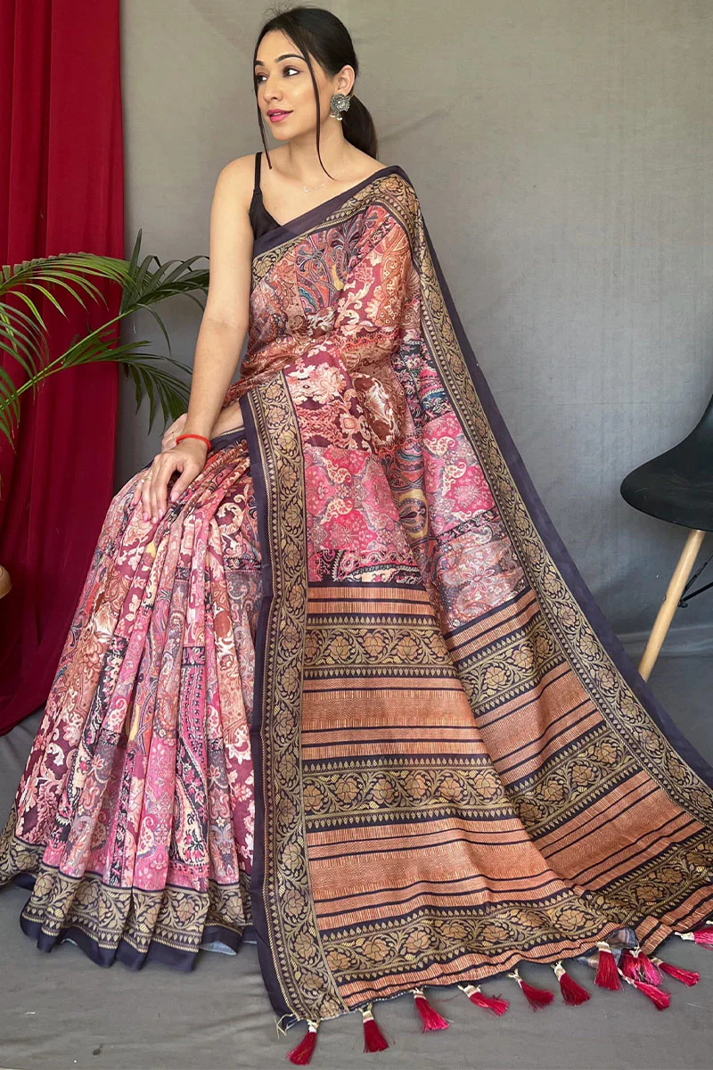 Comely Pink Digital Printed Cotton Silk Saree With Conflate Blouse Piece - Image 3