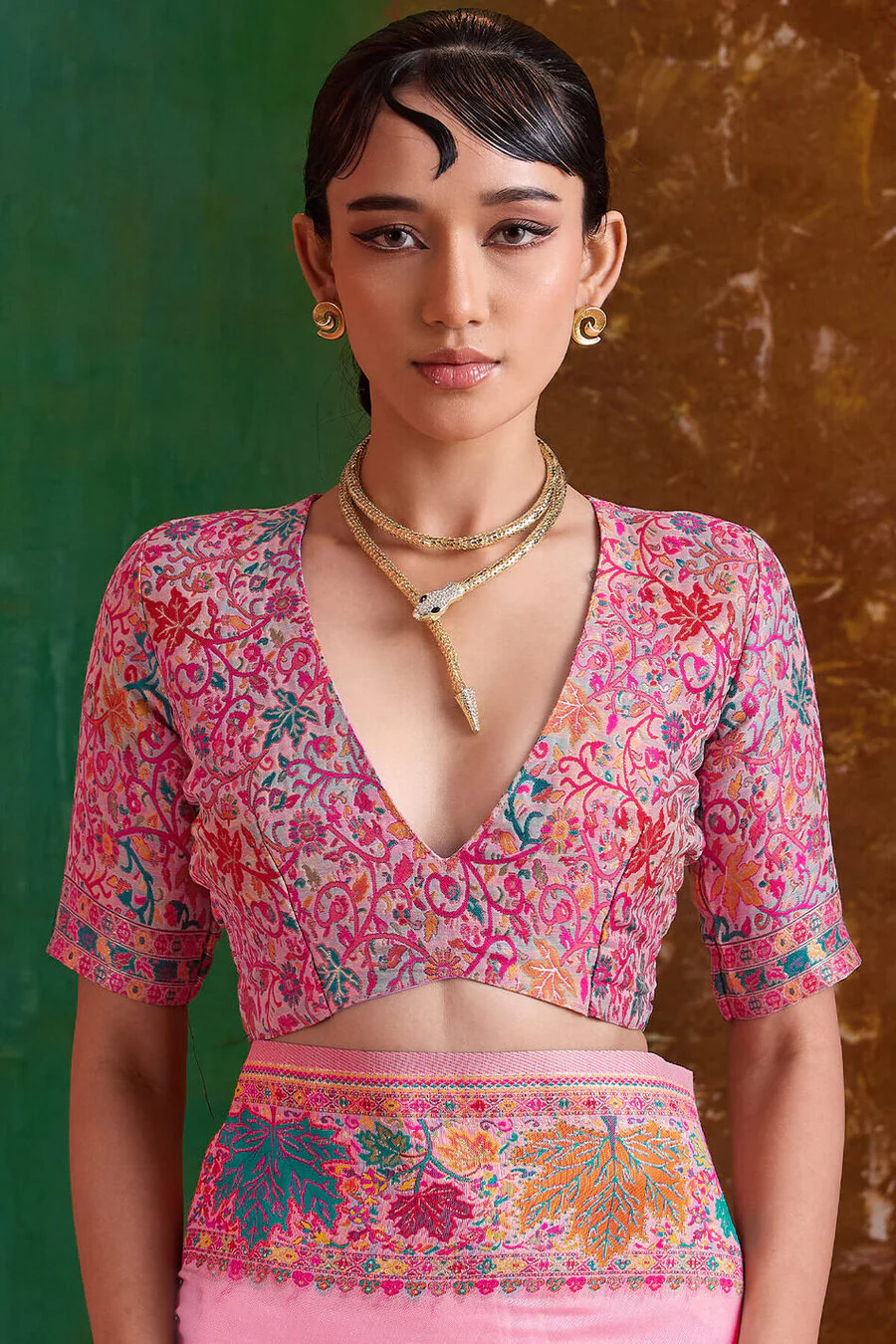 Comely Pink Pashmina Saree With Staggering Blouse Piece - Image 4
