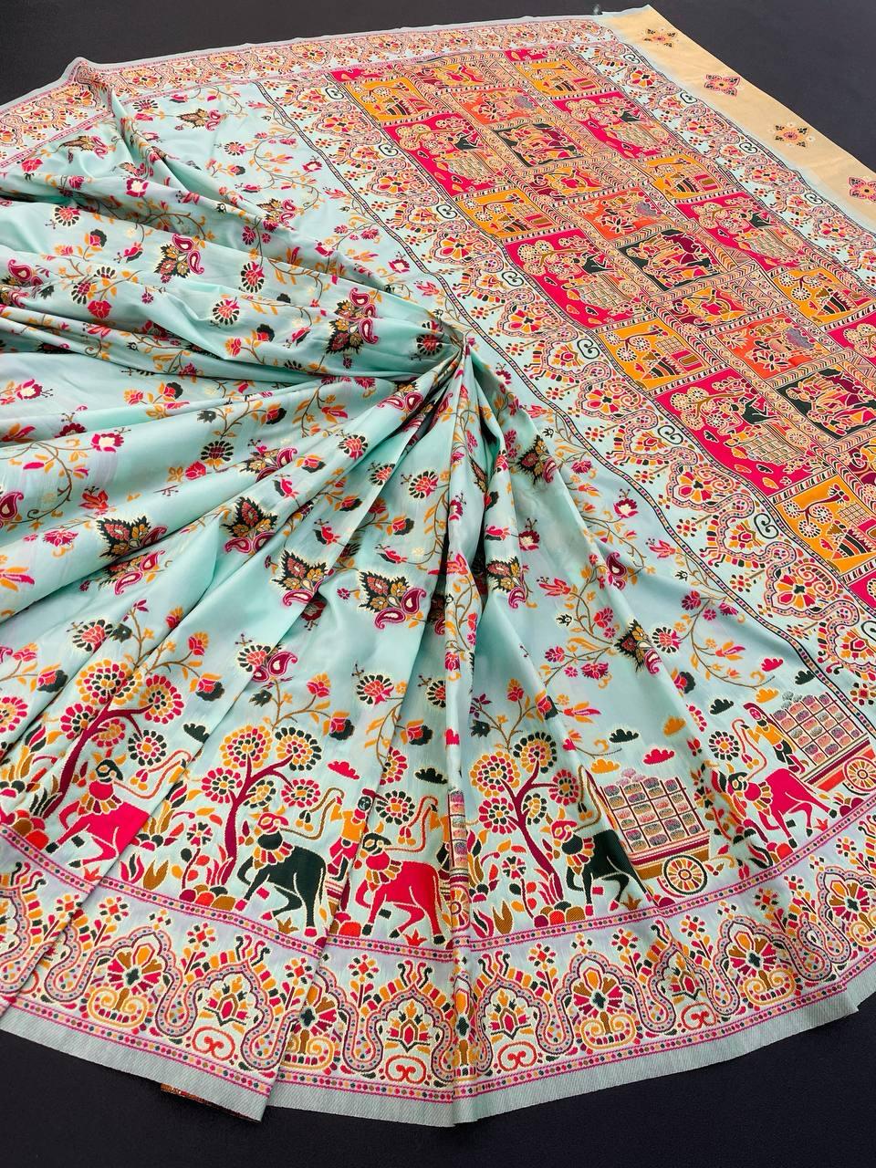 Comely Sky Pashmina Saree With Blooming Blouse Piece - Image 3