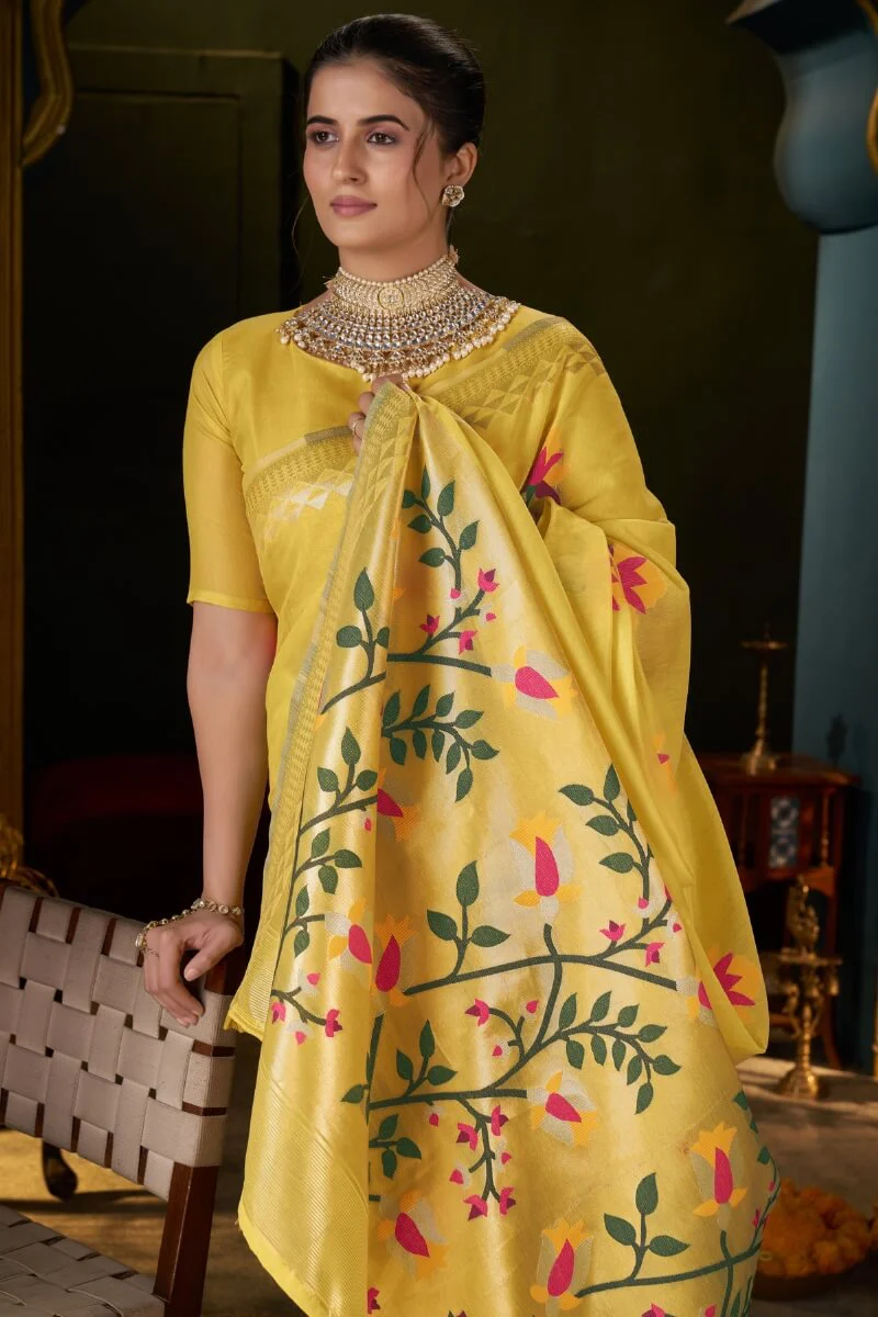 Comely Yellow Cotton Silk Saree With Flameboyant Blouse Piece - Image 2