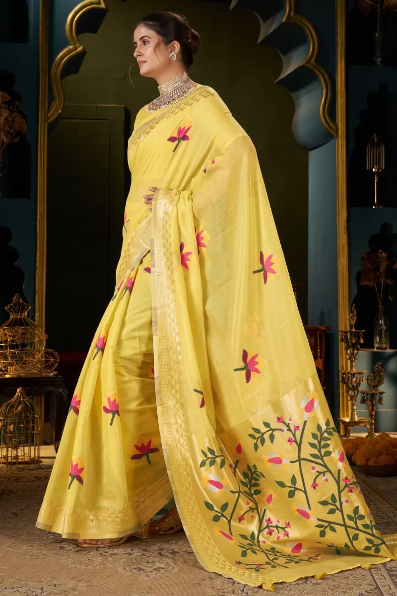 Comely Yellow Cotton Silk Saree With Flameboyant Blouse Piece - Image 3