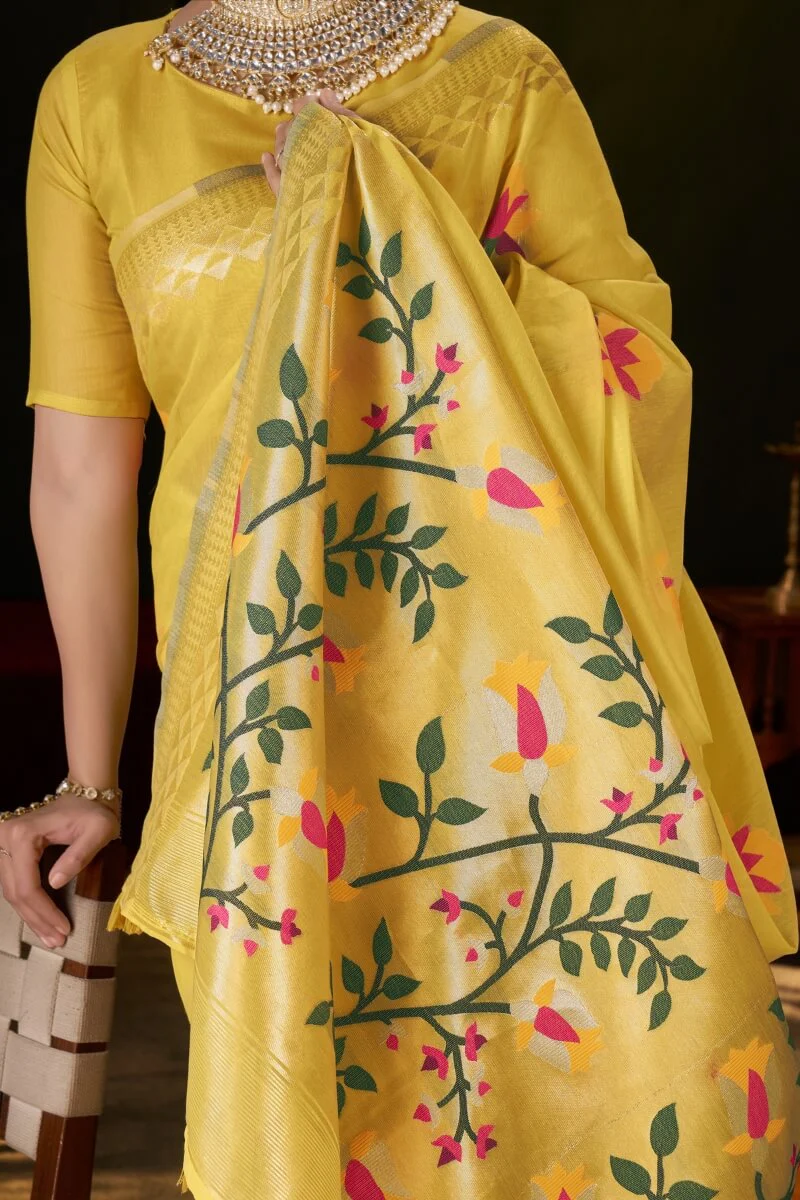 Comely Yellow Cotton Silk Saree With Flameboyant Blouse Piece - Image 4