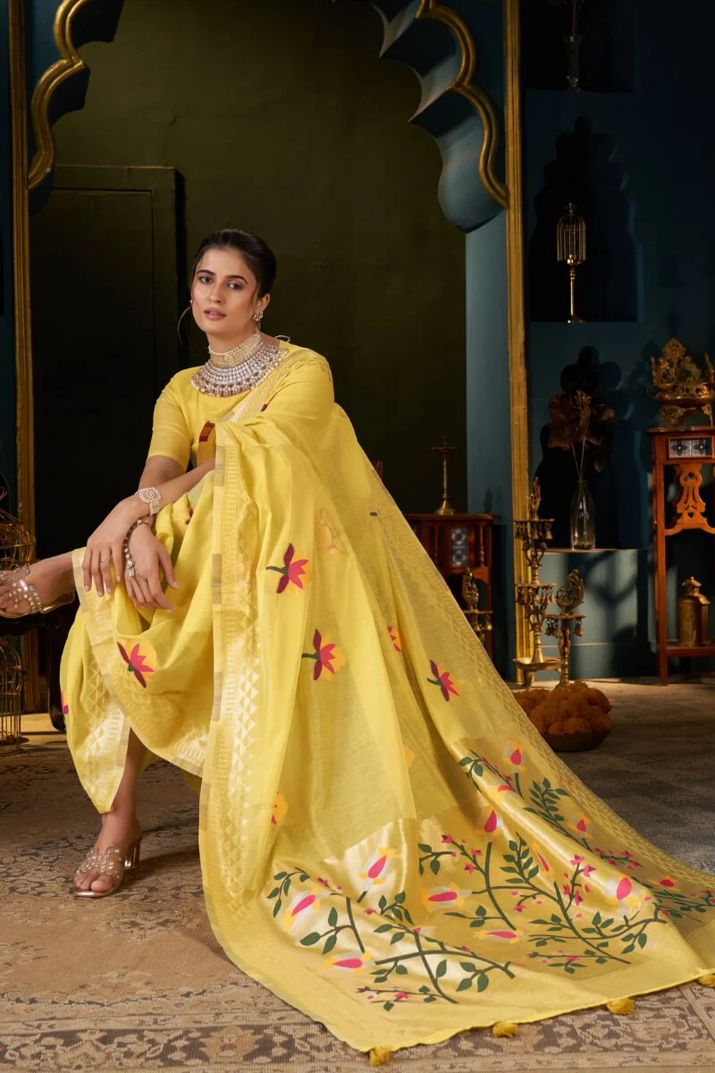 Comely Yellow Cotton Silk Saree With Flameboyant Blouse Piece - Image 5
