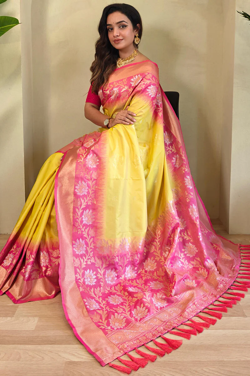 Comely Yellow Soft Banarasi Silk Saree With Comely Blouse Piece - Image 2