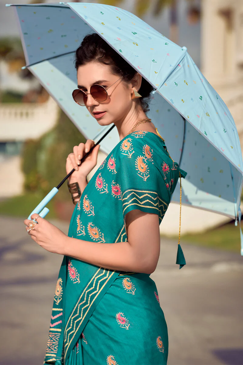 Conflate Firozi Printed Mul Cotton Saree With Diaphanous Blouse Piece - Image 3