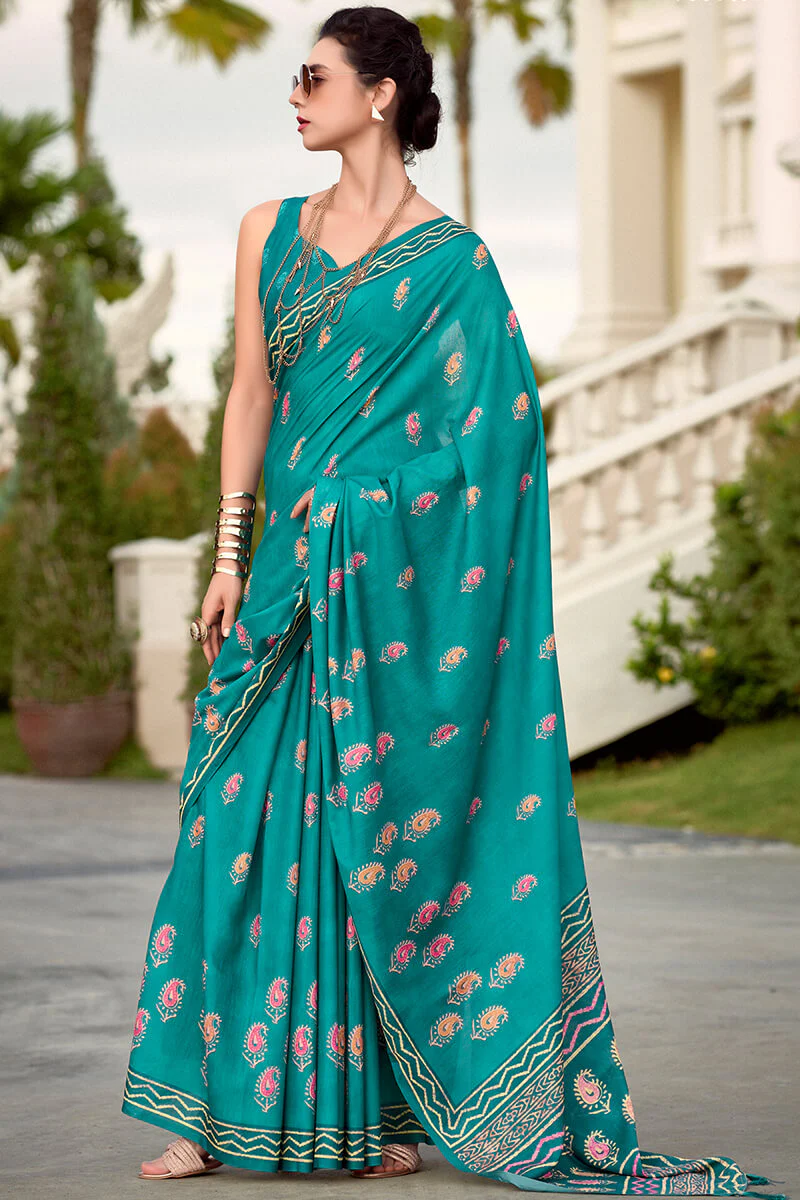 Conflate Firozi Printed Mul Cotton Saree With Diaphanous Blouse Piece - Image 4