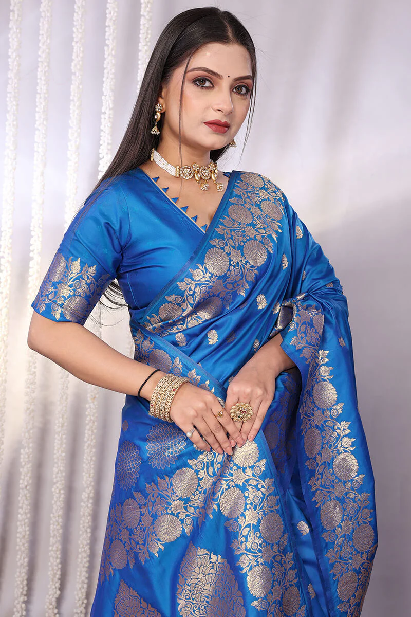 Conflate Firozi Soft Banarasi Silk Saree With Innovative Blouse Piece - Image 2
