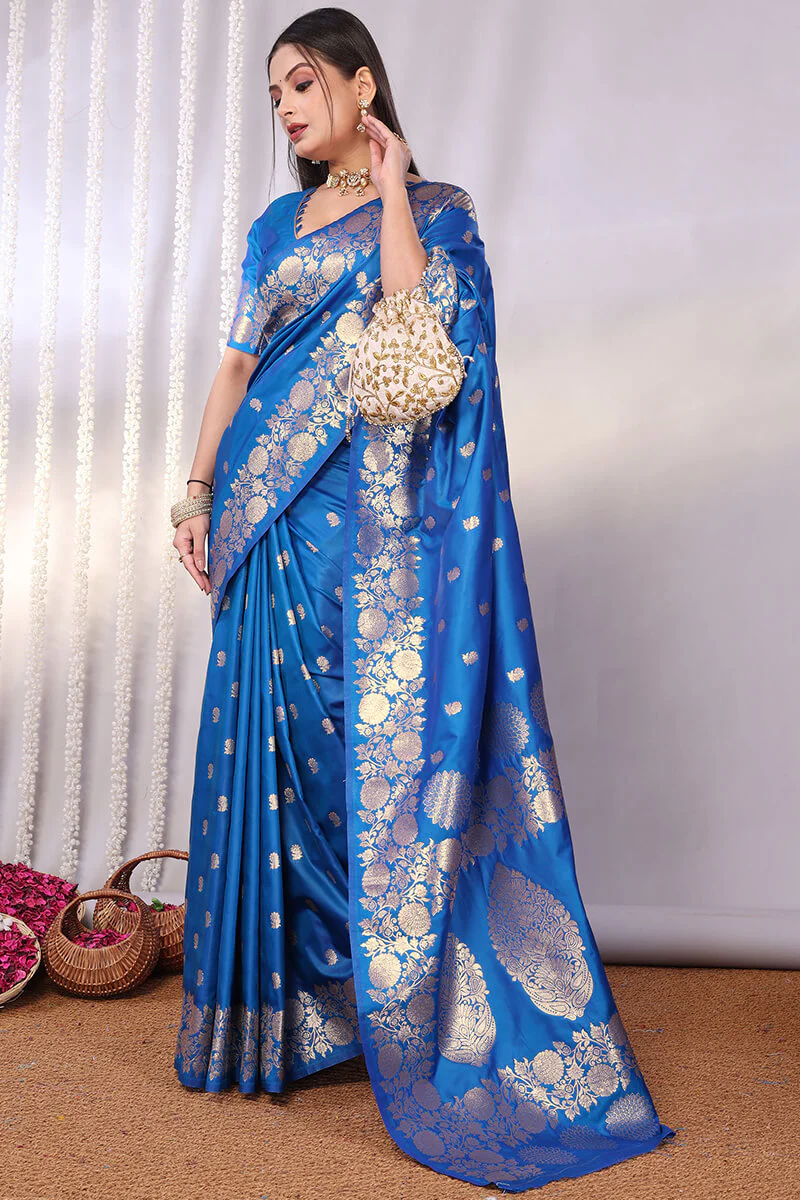 Conflate Firozi Soft Banarasi Silk Saree With Innovative Blouse Piece - Image 3