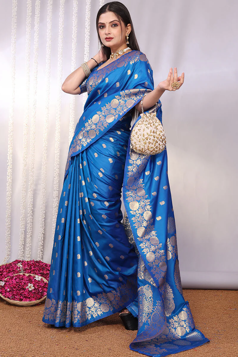 Conflate Firozi Soft Banarasi Silk Saree With Innovative Blouse Piece - Image 4