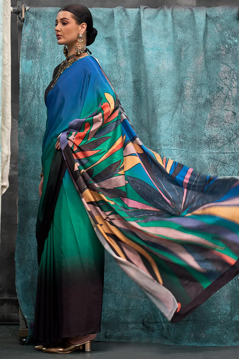 Conflate Green and Blue Digital Printed Crape Silk Saree With Groovy Blouse Piece - Image 3