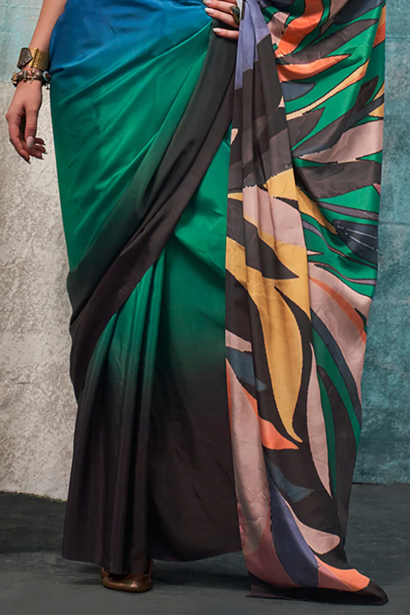 Conflate Green and Blue Digital Printed Crape Silk Saree With Groovy Blouse Piece - Image 4