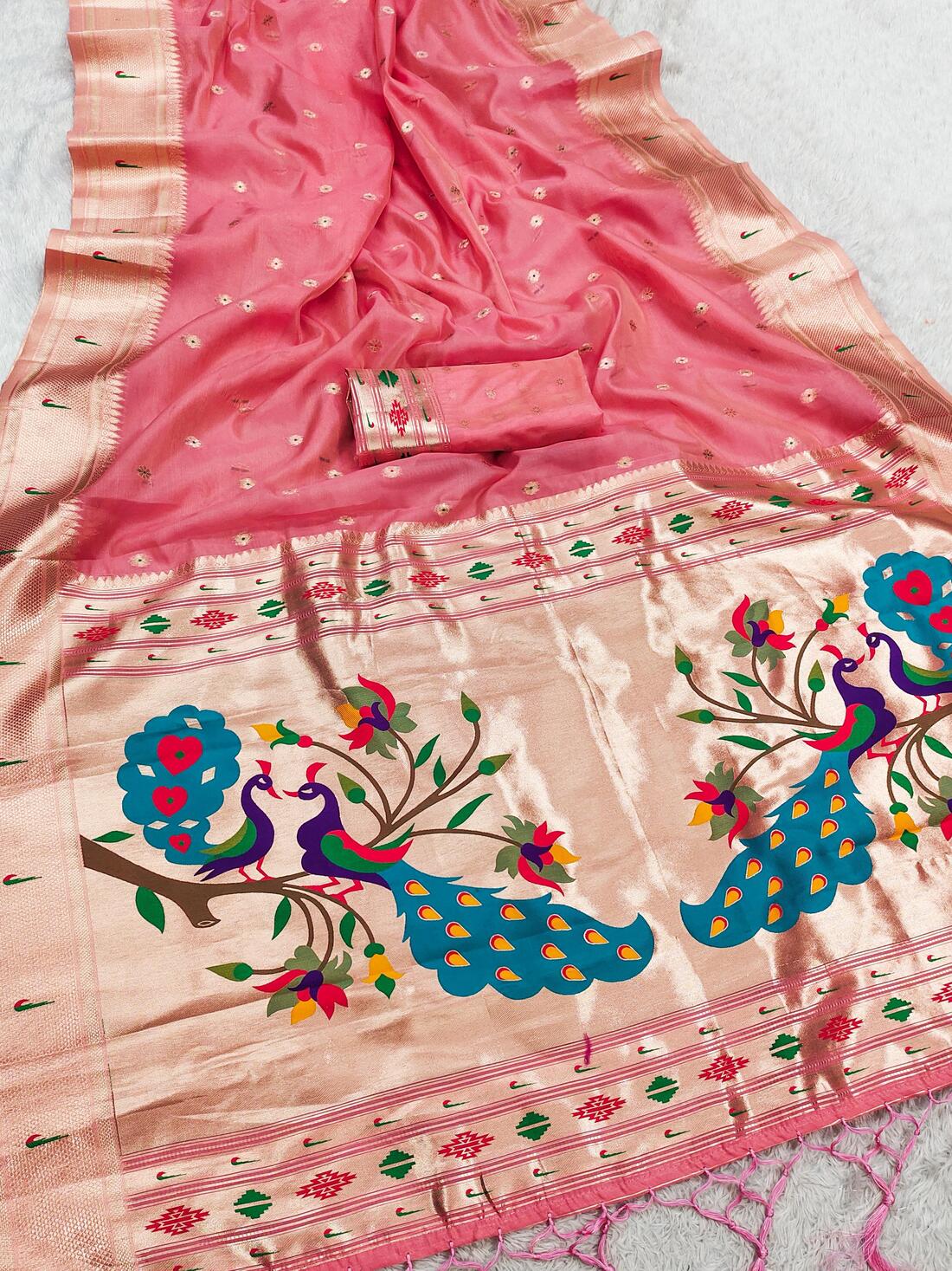 Conflate Pink Paithani Silk Saree With Energetic Blouse Piece - Image 2