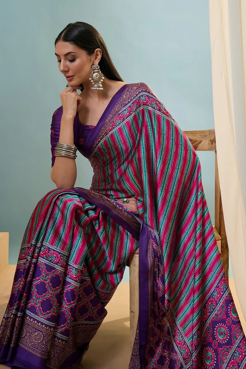 Conflate Purple Ajrakh Printed Semi Modal Silk Saree With Fantabulous Blouse Piece - Image 2