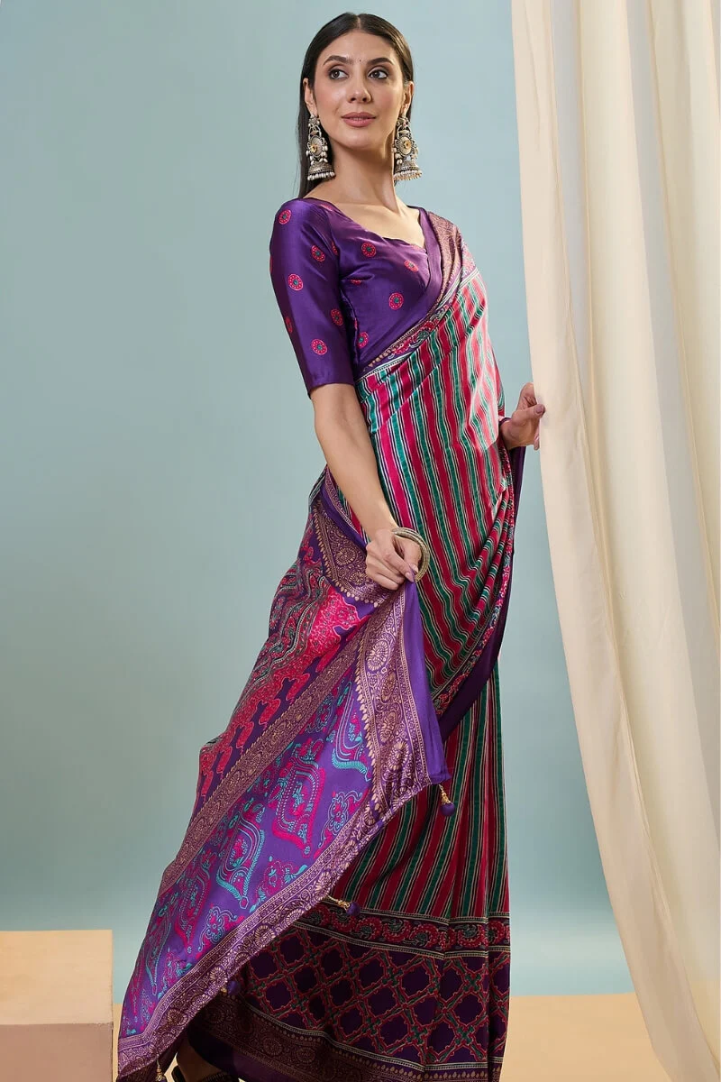 Conflate Purple Ajrakh Printed Semi Modal Silk Saree With Fantabulous Blouse Piece - Image 3